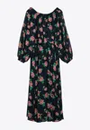 Rotate Birger Christensen Rotate Maxi Multicolor Dress With All-over Roses Print In Chiffon In Blue