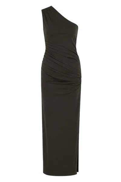 Rotate Birger Christensen Olive Green Draped One-shoulder Side Slit Evening Dress In Black