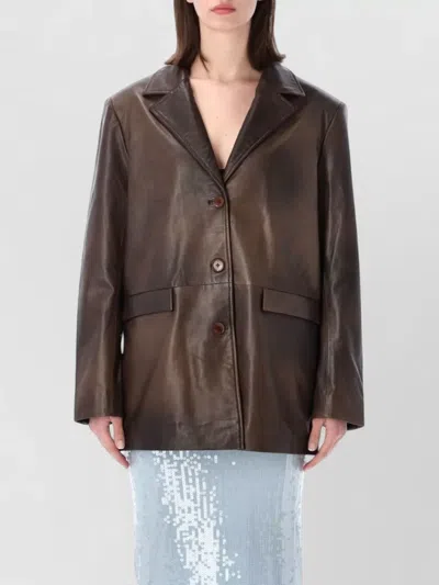 Rotate Birger Christensen Oversized Leather Blazer Long Sleeves Lapel Collar In Brown