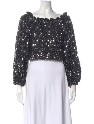 Pre-owned Rotate Birger Christensen Patterned Off-the-shoulder Crop Top In Black