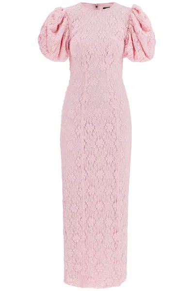 Rotate Birger Christensen Pink Floral Midi Dress With Puff Sleeves In Mixed Materials