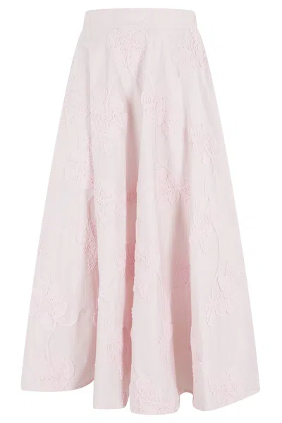 Rotate Birger Christensen Pink Flower Embroidered Flared Cotton Maxi Skirt In Neutral