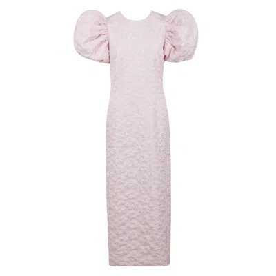 Rotate Birger Christensen Pink Jacquard Midi Dress With Puff Sleeves In Purple