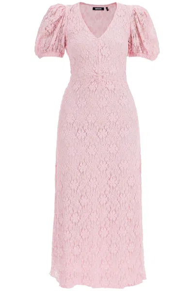 ROTATE BIRGER CHRISTENSEN PINK LACE MIDI DRESS WITH PUFF SLEEVES