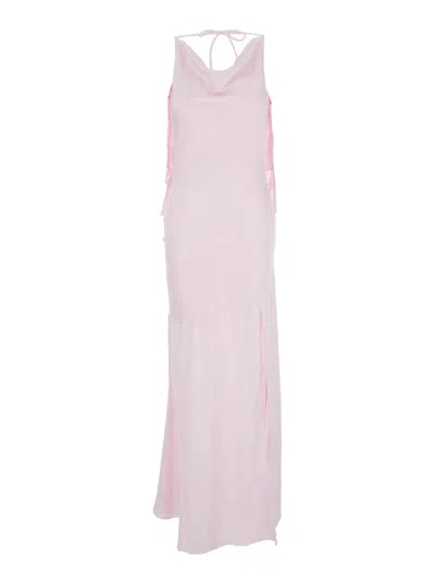 Rotate Birger Christensen Pink Long Dress With Open Back And Draped Details In Fabric Woman