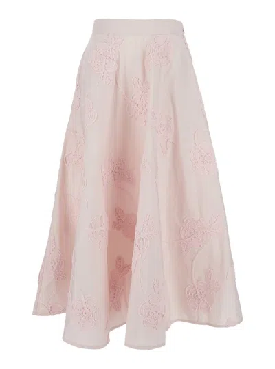 Rotate Birger Christensen Pink Maxi Skirt With Side Zip Closure And All-over Floral Embroidery In Fabric Woman