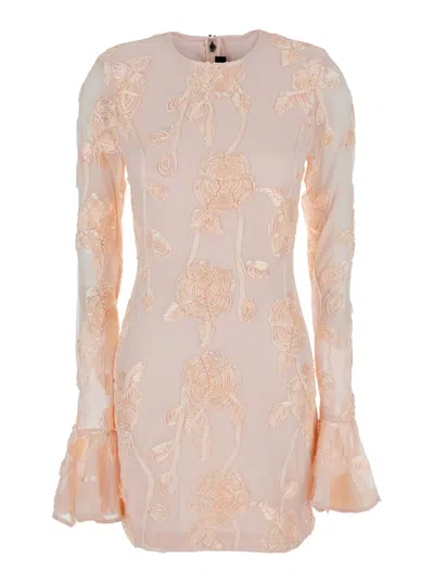 Rotate Birger Christensen Pink Mini Dress With Flared Sleeves And All-over Floral Embroidery In Tech Fabric Stretch Woman