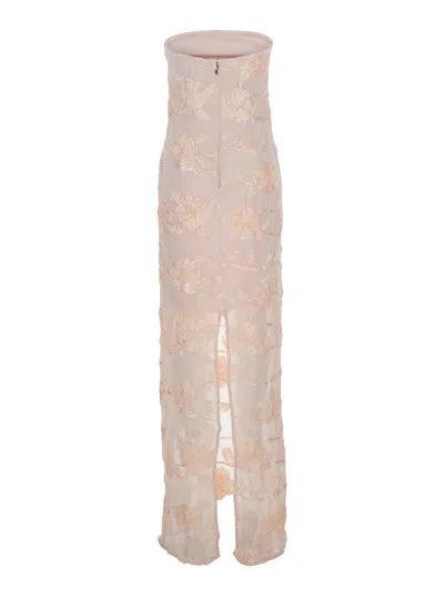 Rotate Birger Christensen Pink Off-shoulder Sleeveless Long Dress With All-over Floral Embroidey And Rear Single Slit In Tech 