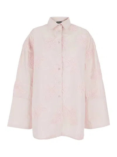 Rotate Birger Christensen Pink Oversize Shirt With Classic Collar And All-over Floral Embroidery In Fabric Woman