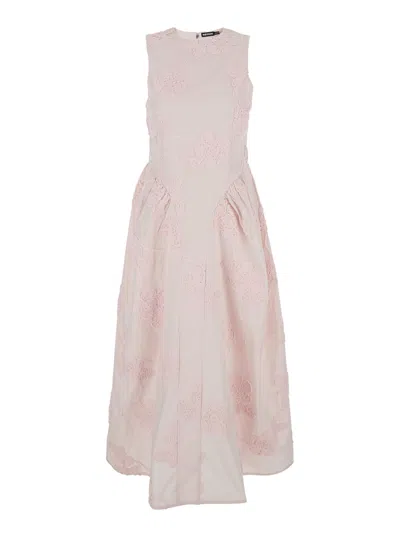 Rotate Birger Christensen Pink Sleeveless Long Dress With Round Neckline And All-over Floral Embroidery In Tech Fabric Stretch