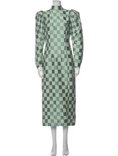 Pre-owned Rotate Birger Christensen Plaid Print Midi Length Dress In Green