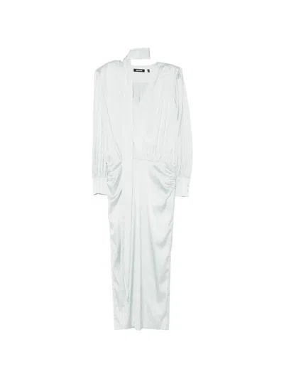 Rotate Birger Christensen Rotate Long-sleeved Midi Dress With Scarf Tail And V-neck In Blue