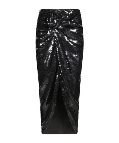 Rotate Birger Christensen Sequins Knot Draped Knee-length Skirt In Black