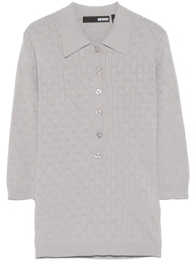 Rotate Birger Christensen Pointelle-knit Polo Top In Grey