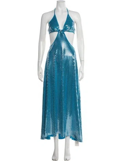 Pre-owned Rotate Birger Christensen Printed Long Dress W/ Tags In Blue/metallic