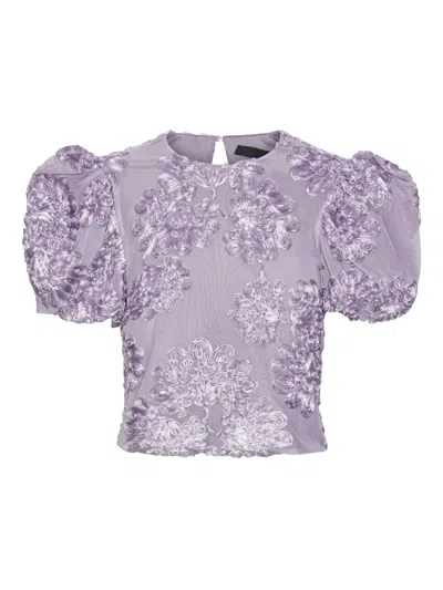 Rotate Birger Christensen Puff-sleeve Floral-embellished Top In Purple
