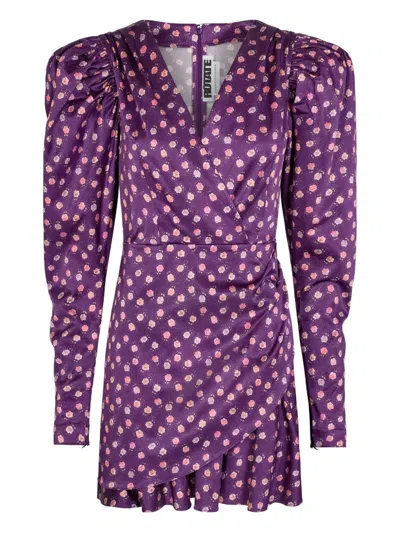 Rotate Birger Christensen Puff-sleeve Floral Print Mini Dress In Purple