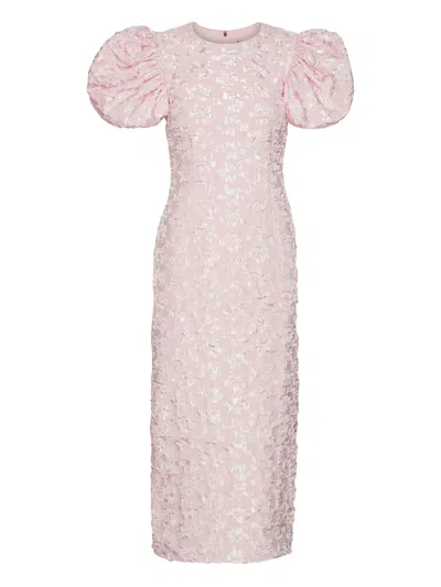 Rotate Birger Christensen Jacquard Puff Sleeve Midi Dress In Pink