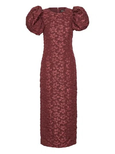 Rotate Birger Christensen Puff-sleeve Jacquard Midi Dress In Burgundy