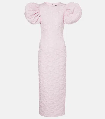 Rotate Birger Christensen Puff-sleeve Jacquard Midi Dress In Pink
