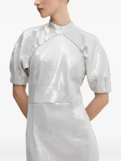 Rotate Birger Christensen Puff-sleeve Sequinned Dress In Gray