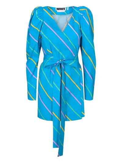 Rotate Birger Christensen Puff-sleeve Striped Dress In Blue