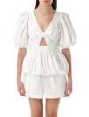 Rotate Birger Christensen Rotate Bubble Top With Puff Sleeves And V-neck Detail In White