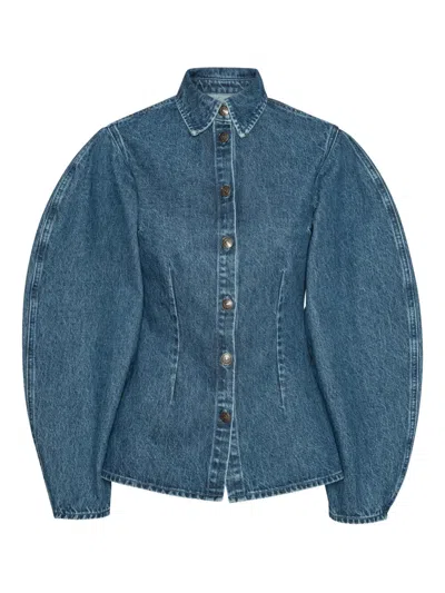 Rotate Birger Christensen Puff-sleeves Fitted Denim Shirt In Blue