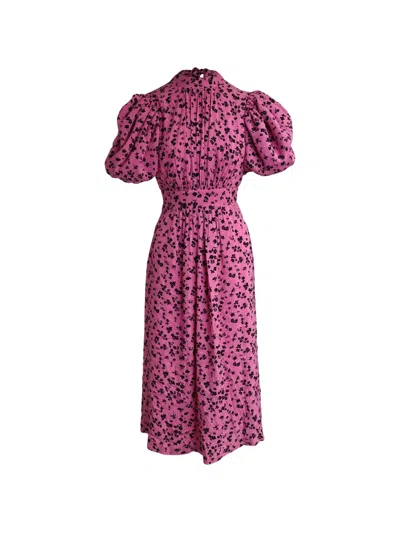 Pre-owned Rotate Birger Christensen Puffed-sleeve Floral Midi Dress In Pink