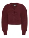 Rotate Birger Christensen Rotate Cropped Burgundy Sweater With Deep V-neckline And Floral Embellishment