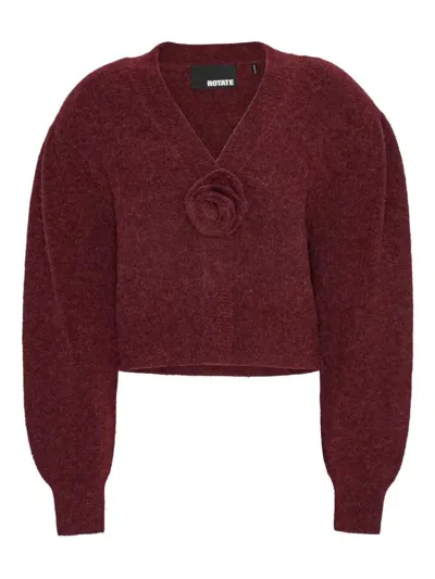 Rotate Birger Christensen Rotate Cropped Burgundy Sweater With Deep V-neckline And Floral Embellishment In Multi