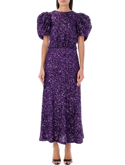 ROTATE BIRGER CHRISTENSEN PURPLE SEQUINED DRESS WITH PUFFY SLEEVES AND OPEN BACK