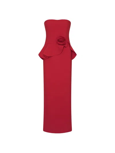 Rotate Birger Christensen Rotate Strapless Maxi Dress With Ruffle Waist Detail And Back Slit In Red