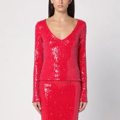Rotate Birger Christensen Micro Sequin Red Sweater With Wide V-neck