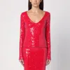 Rotate Birger Christensen Micro Sequin Red Sweater With Wide V-neck In Red