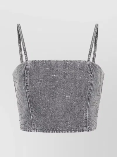 Rotate Birger Christensen Emili Rhinestone Denim Top In Grey