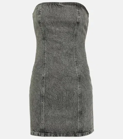 Rotate Birger Christensen Embellished Cotton Denim Mini Dress In Grey
