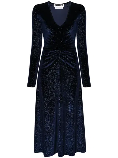 Rotate Birger Christensen Rhinestone-embellished Ruched Midi Dress In Blue
