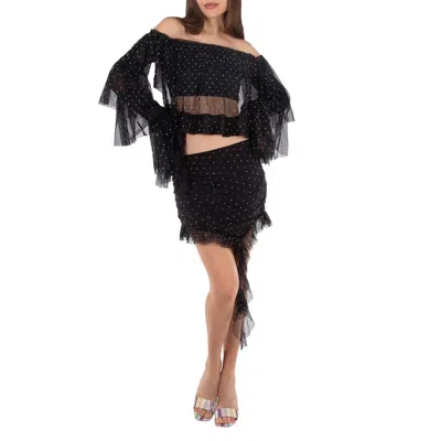 Rotate Birger Christensen Rhinestone-embellished Ruffled Mesh Cropped Top In Black
