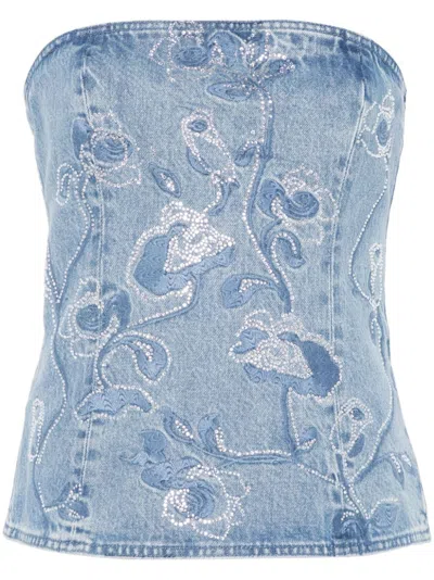 Rotate Birger Christensen Rotate Sunday Rhinestone Strapless Denim Corset Top In Blue