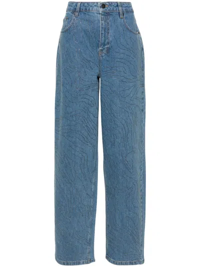 Rotate Birger Christensen Rotate Ladies Light Blue Denim Rhinestone Wide Leg Jeans