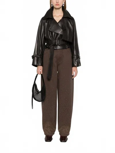 Rotate Birger Christensen Rhinestone Wide Leg Jeans In Chocolate Brown