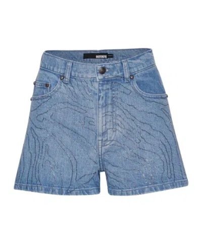 Rotate Birger Christensen Rhinestoned High-rise Denim Shorts In Blue