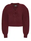 Rotate Birger Christensen Rose-embellished Puff-sleeve Cardigan In Burgundy