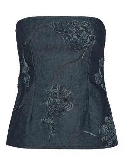 Rotate Birger Christensen Rose-embellished Strapless Top In Blue