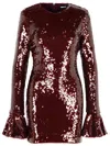 Rotate Birger Christensen Bordeaux Sequin Crewneck Mini Dress With Flared Sleeves In Tech Fabric Stretch Woman In Red