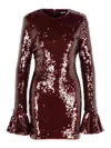 Rotate Birger Christensen Bordeaux Sequin Crewneck Mini Dress With Flared Sleeves In Tech Fabric Stretch Woman In Red