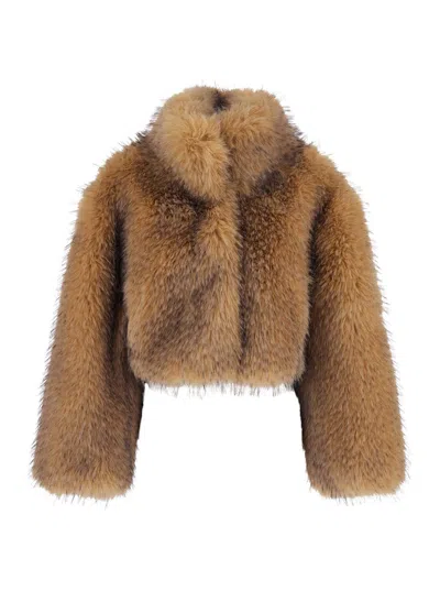 Rotate Birger Christensen Rotate Beige Synthetic Fur Shearling-style Mini Jacket With Round Collar In Brown