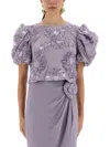 Rotate Birger Christensen 3d Floral Mesh Top With Voluminous Puff Sleeves In Purple