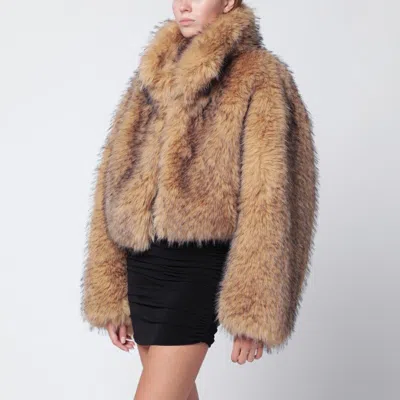 Rotate Birger Christensen Cropped Faux Fur Coat With High Collar In Neutral